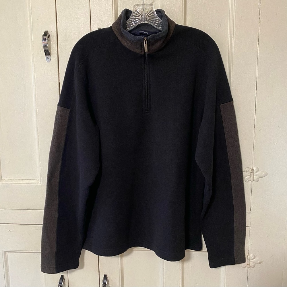 Lands' End Men's 1/4 Zip Dark Gray/ Brown Pullover Fleece Sweater Size Large